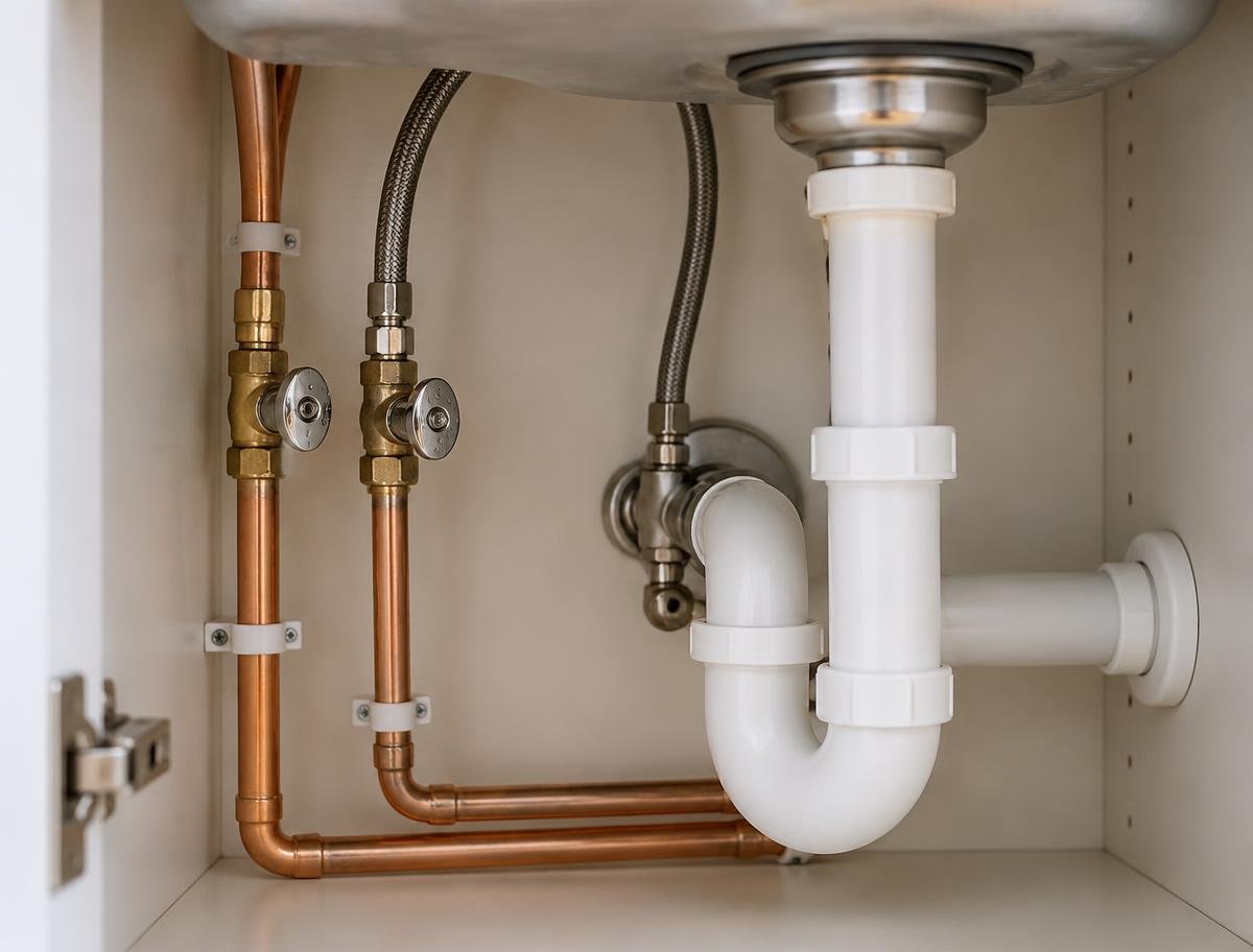 Clean copper supply lines and a white PVC drain trap installed under a sink